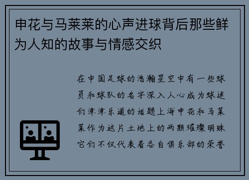 申花与马莱莱的心声进球背后那些鲜为人知的故事与情感交织